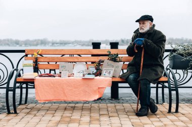 Düşünceli erkek kişi tahta bankta oturan