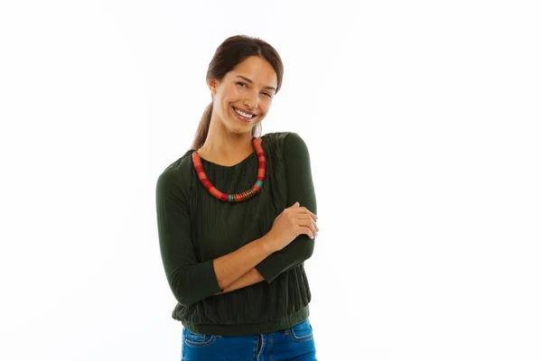 Jovencita alegre y agradable sonriéndote — Foto de Stock