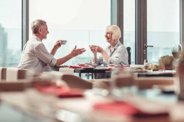 Neşeli karı koca bir restoranda öğle yemeği