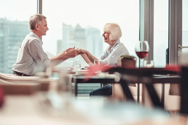 Glückliche Rentner verbringen Zeit miteinander in einem Restaurant — Stockfoto