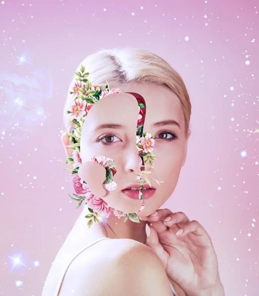 Nahaufnahme einer extrem schönen Frau mit grafischen Blumen im Gesicht — Stockfoto