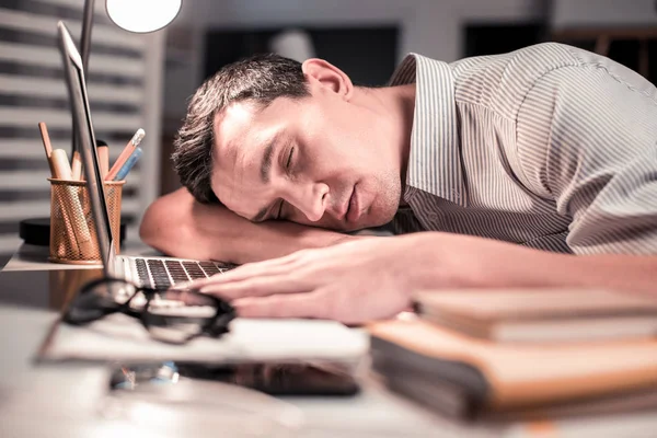 Nice handsome tired man sleeping at work — Stock Photo, Image