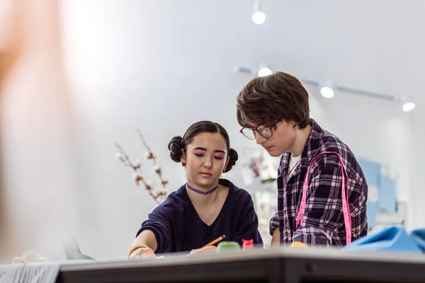 Busy Time Two Young Asian Designers Fashion School Looking Concentrated — Stock Photo, Image