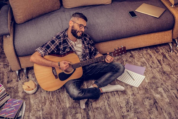 Talent Creativity Delighted Artistic Man Playing Guitar While Resting Home — Stockfoto