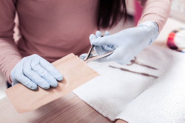 Close up of a bag for manicure instruments