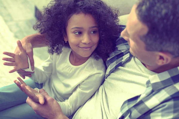 Intelligent child very happy to learn stuff with her beloved dad. — Stock Photo, Image