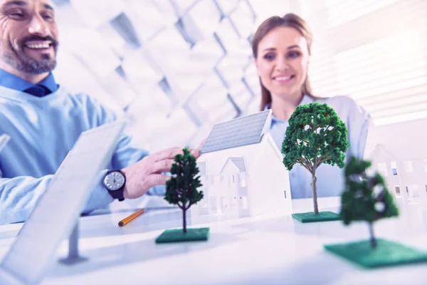 Ingeniero ecológico positivo sonriendo mientras coloca la batería solar en miniatura de la casa —  Fotos de Stock