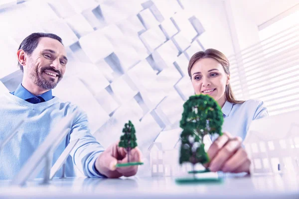 Gelukkig architecten glimlachen terwijl het plaatsen van prachtige miniatuur bomen op tafel — Stockfoto