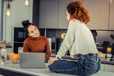 Onların laptop oturan ve yeni proje tartışıyor serbest