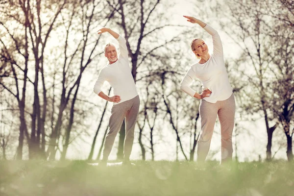 Pareja madura haciendo gimnasia matutina en el parque — Foto de Stock