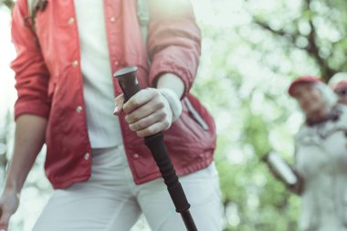 Yürüyüş sırasında bir trekking kutup tutan kadın