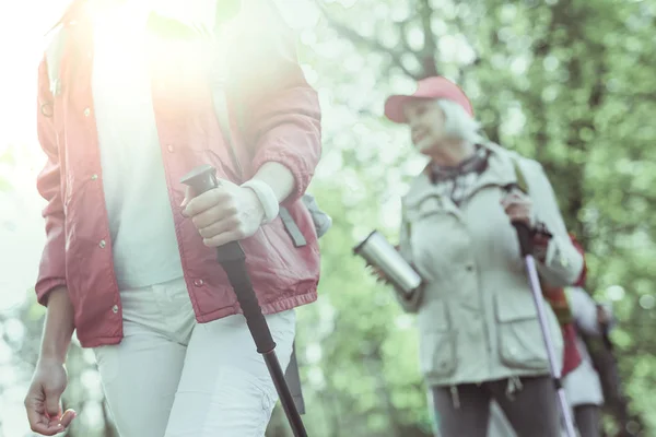 Gente activa haciendo senderismo en el bosque de verano el fin de semana — Foto de Stock