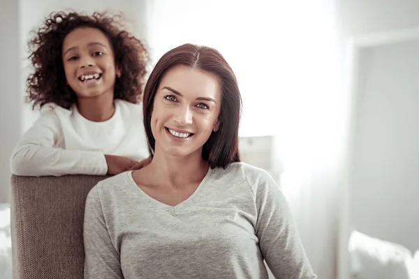 Beautiful pretty lady and cute girl looking at you — Stock Photo, Image