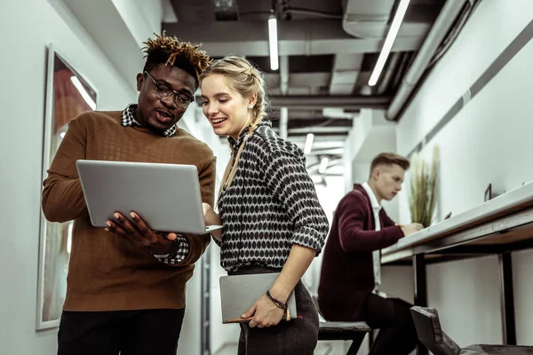 Concentrado inspirado colegas elegantes que observan la información en el ordenador portátil — Foto de Stock