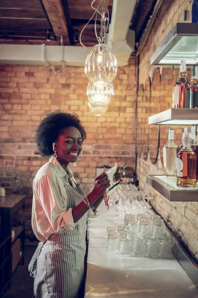 Young-adult beaming bewitching Afro-American bar employee holding towels at bar — Stock Photo, Image