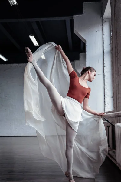 Beautiful talented ballerina holding her leg up — Stock Photo, Image