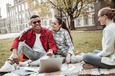 Mutlu genç insanlar üzerinde park battaniyeye oturmuş