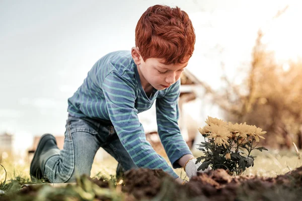 Liten herre med fräknar bär hem kläder — Stockfoto