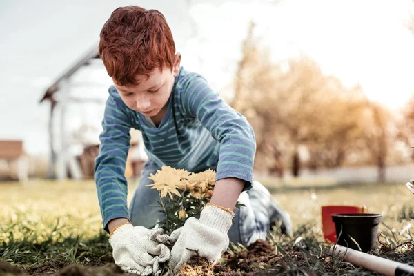 Liten pojke i blå tröja med stora vita handskar — Stockfoto