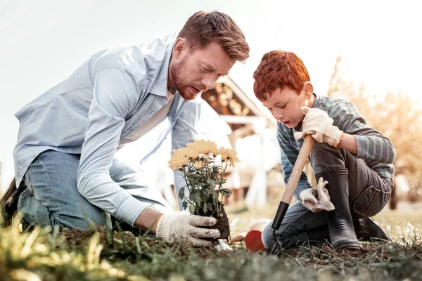 Pequeno cavalheiro ruivo usando pá enquanto jardinagem — Fotografia de Stock