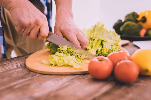 Yetenekli aşçı taze lezzetli salata hazırlık — Stok fotoğraf