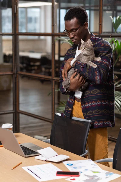 Hombre sosteniendo un gato en sus manos en su lugar de trabajo — Foto de Stock