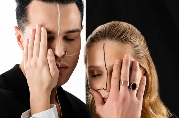 Dark-haired man wearing ring closing half of face of his colleague — Stock Photo, Image