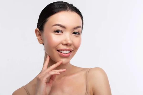 Beautiful dark-haired woman feeling truly excited and happy — Stock Photo, Image