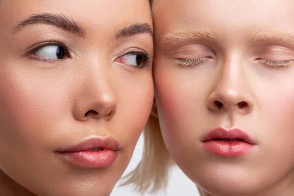 İnanılmaz bir görünüme sahip iki güzel kadının yüzleri yakın