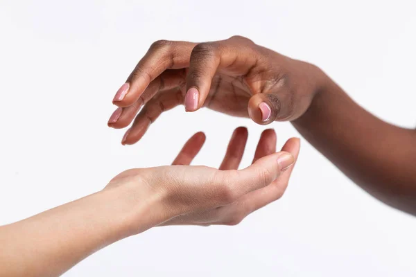 Vrouwen met verschillende huidskleur poseren met behulp van hun handen — Stockfoto