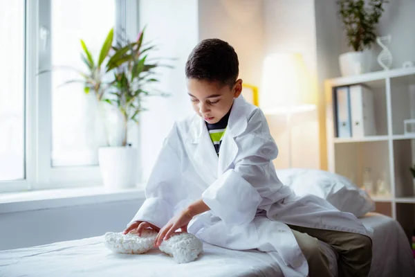 Lindo chico curioso con chaqueta blanca jugando con modelos de cerebro — Foto de Stock