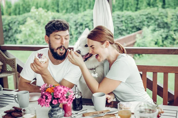 迷人的优雅红头发微笑的妻子坐在和喂养她的丈夫 — 图库照片