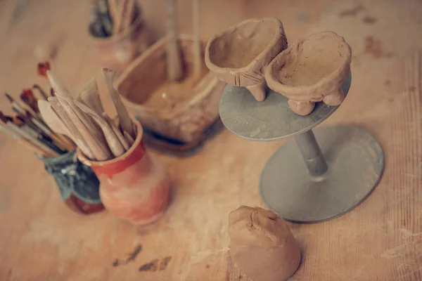 Top view of beautiful clay bowls with carving — Stock Photo, Image