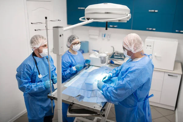 Dierenarts chirurgen staande in de buurt van metalen tafel en operationele hond — Stockfoto