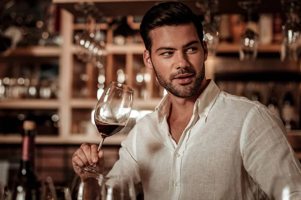 Bonito morena macho desfrutando de boa qualidade de vinho — Fotografia de Stock