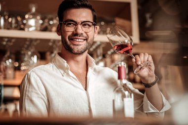 Lezzetli şarap zevk Pozitif memnun genç sommelier