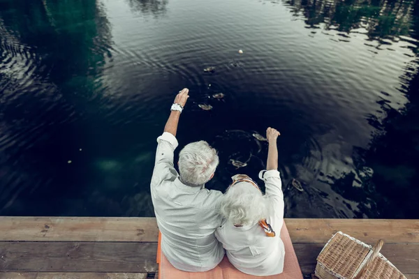Zadní záběr manželů, kteří se baví scenérie na jezeře — Stock fotografie