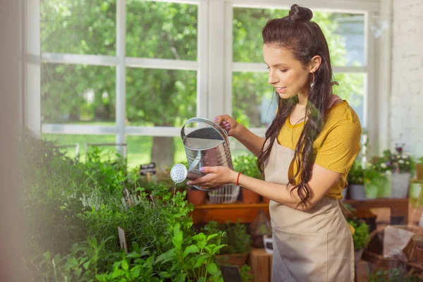 Florist gießt Pflanzen im Blumenladen. — Stockfoto