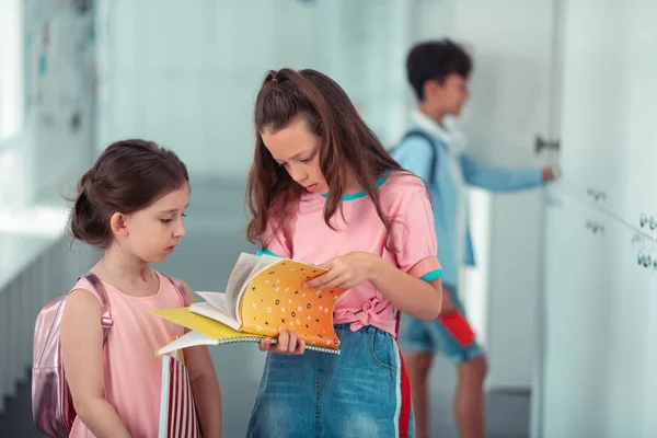 Due ragazze dai capelli scuri leggono alcune note nel quaderno — Foto Stock