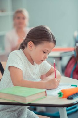 Liseli kız matematik testi üzerinde çok çalışıyor.