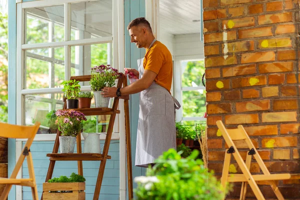 Sonriente hombre de pie cerca de la estantería de flores y plantas de pulverización . —  Fotos de Stock