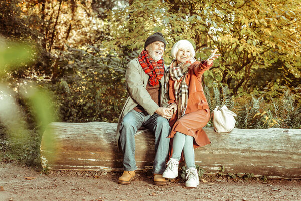 Пожилая пара, сидящая на бревне
.