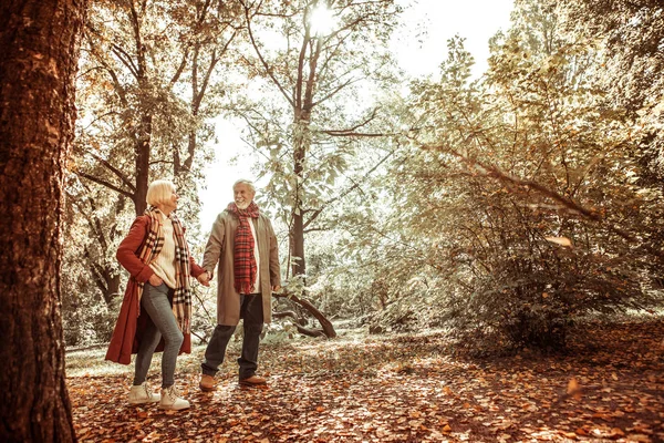 Örömteli Senior pár séta a parkban. — Stock Fotó