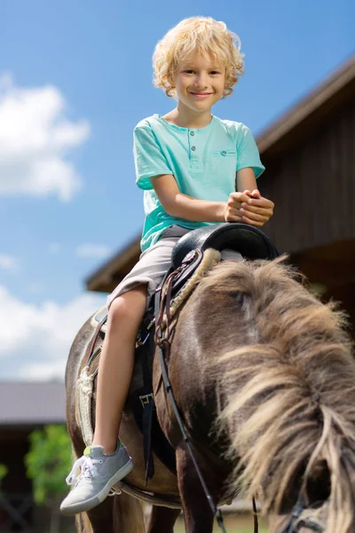 Beaming curly blonde-haired boy feeling amazing riding horse