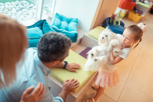Дочь поднимает милую пушистую собаку и разговаривает с родителями — стоковое фото