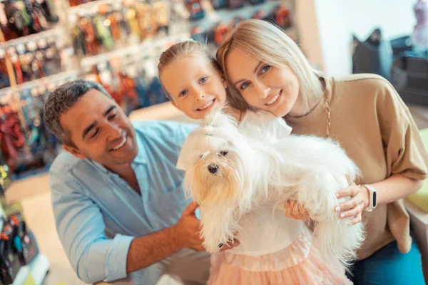 Presenting fluffy dog. Parents hugging their cute daughter after presenting her cute white fluffy dog