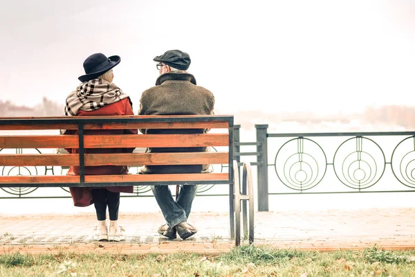 Vista trasera de una pareja de ancianos relajándose en el banco en el parque — Foto de Stock