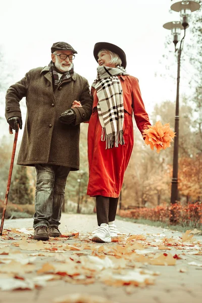 Feliz casal sênior andando de mãos dadas no parque — Fotografia de Stock