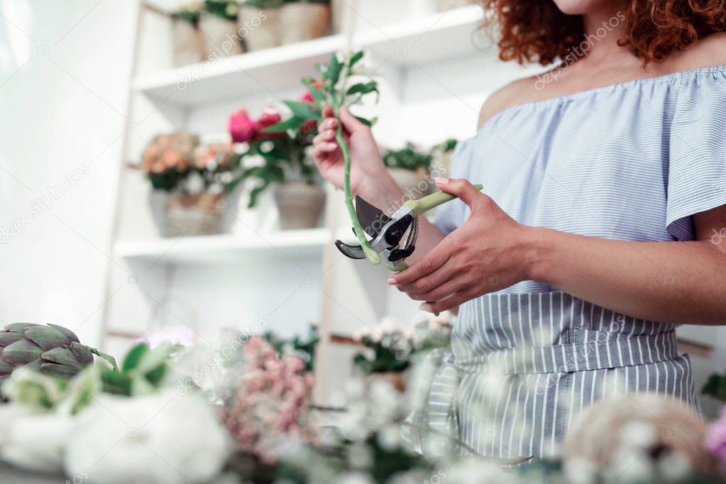 Skinny good-looking woman in stylish blouse carrying pruner