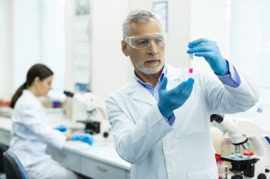Modern laboratuvarda çalışan ciddi olgun araştırmacı